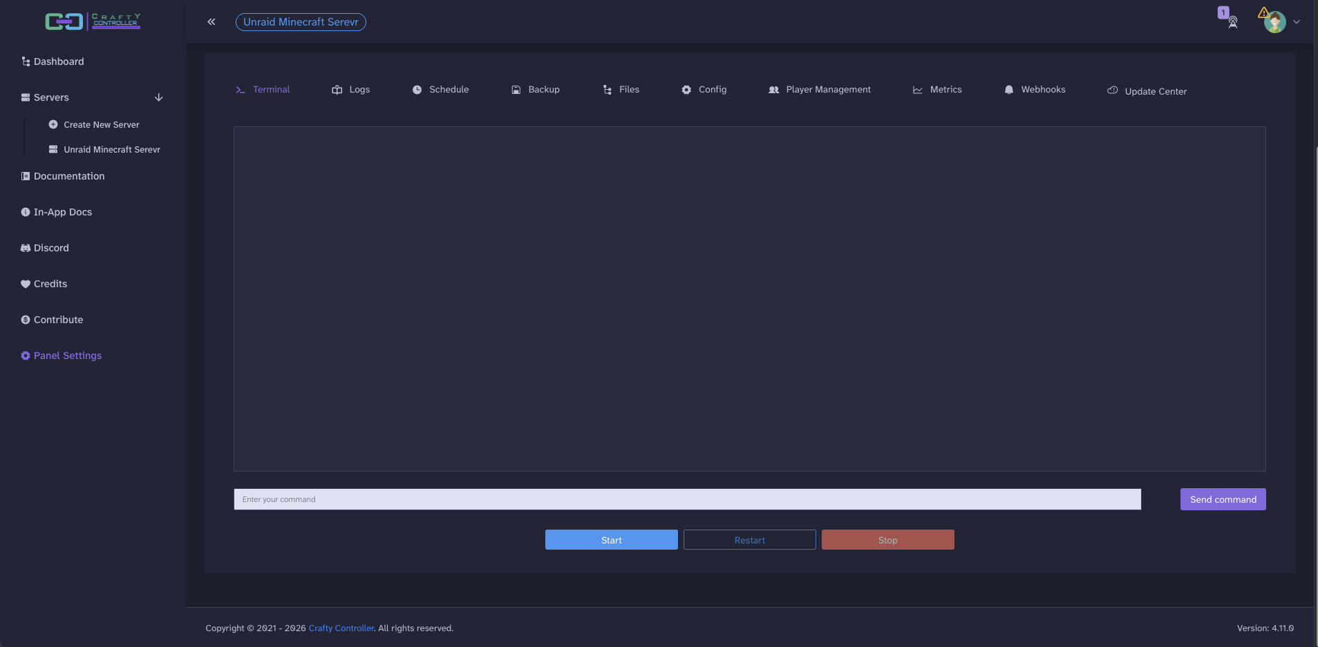 The server Terminal tab with Start, Restart and Stop controls